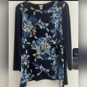 Chicos Women Top Size Mefium Floral Blue/Black Women's Top Long Sleeve Crew Neck